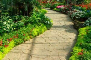 Walkway pavers with beautiful plants at each side, Orange County, CA